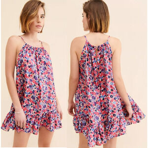 Maia Bergman Sienna Silk Floral Tiered Swing Mini Dress Pink/Blue Women's Size S